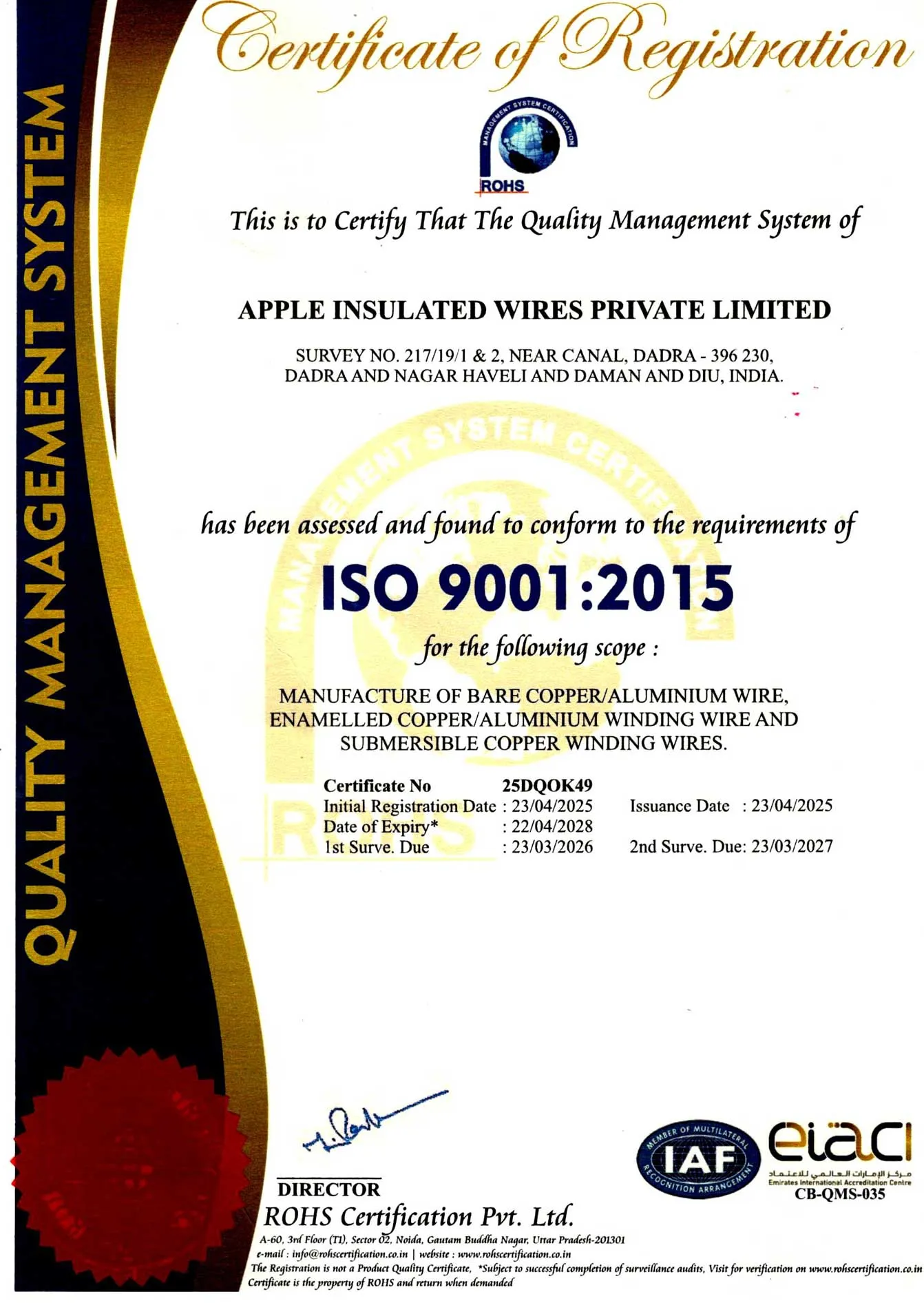 ISO CERTIFICATE | Apple Insulated Wires, Dadra & Nagar Haveli
